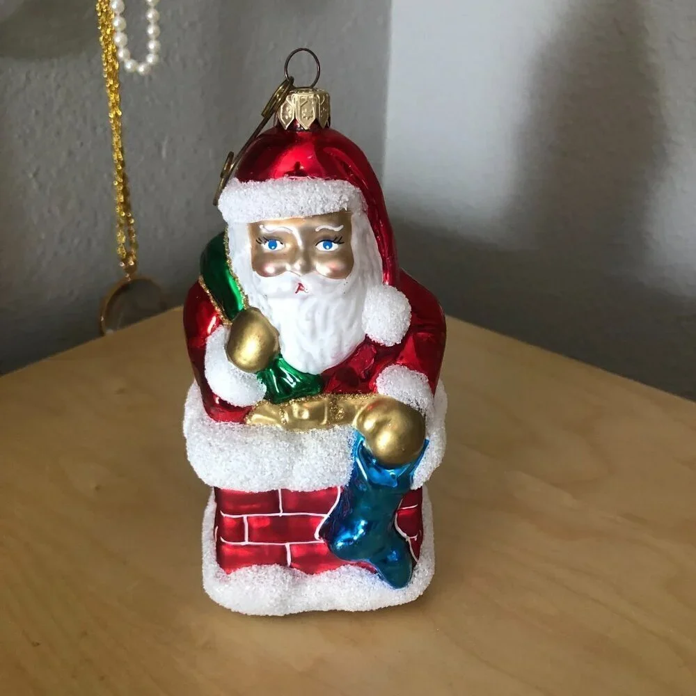Vintage Blown Glass Ornament Santa Stuck in the Chimney Made in Poland 6